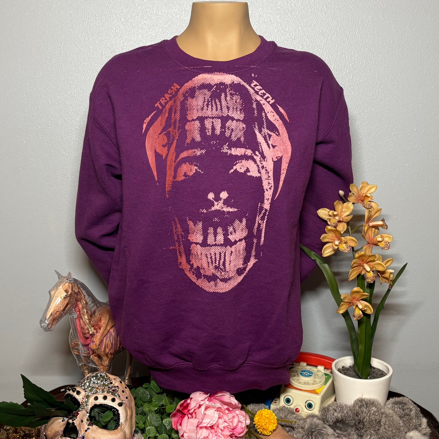Mandie Attacks! On small purple gildan brand sweatshirt